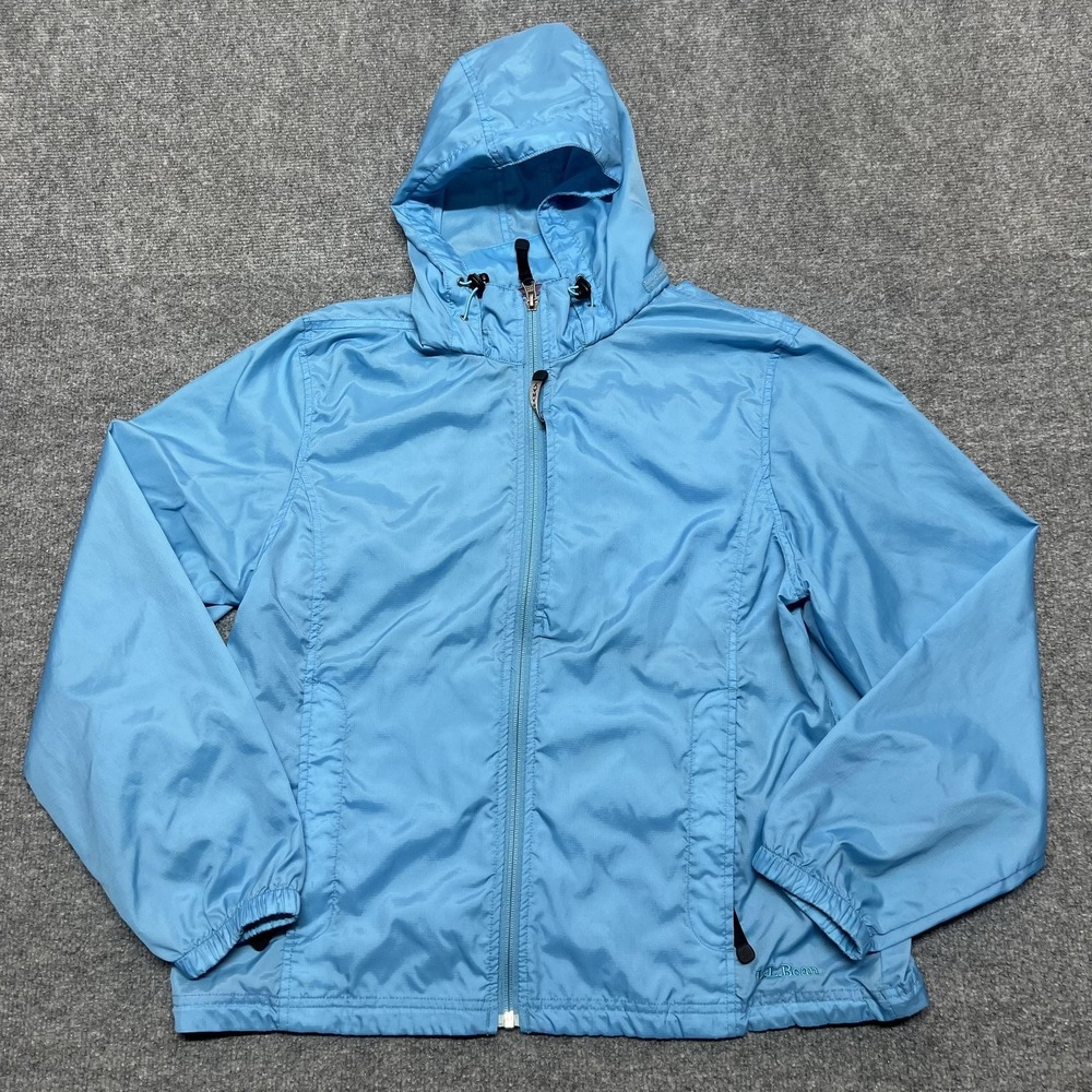 L.L. Bean Jacket Womens Large Blue Hooded Nylon Windbreaker Full Zip Pockets
